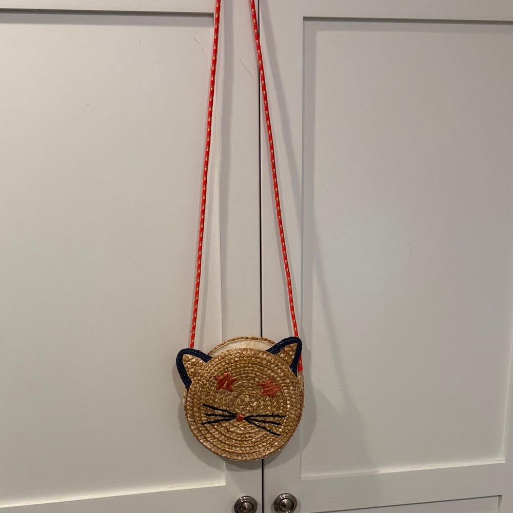 Crewcuts Straw Cat Face Crossbody Bag with Peach and Blue Accents